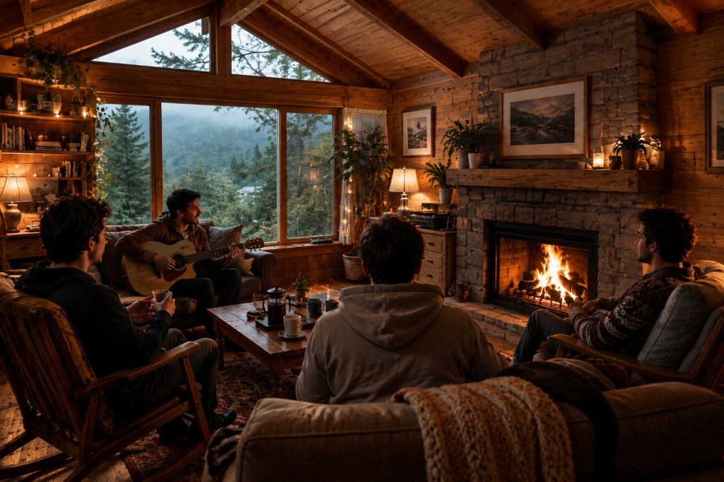 A warm wooden cabin room with a fireplace where friends sit together playing guitar