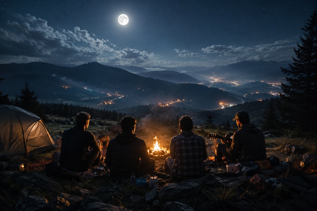 Friends around a campfire on a moonlit hilltop playing guitar overlooking a valley of lights